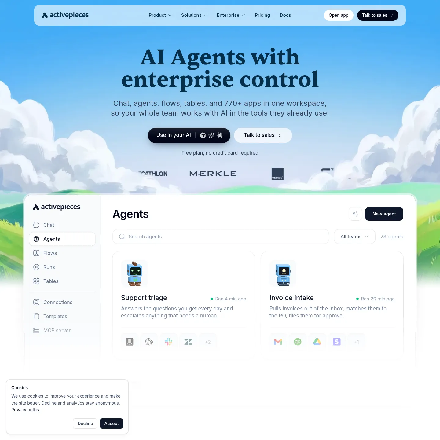 Pagina ufficiale di Activepieces con agenti e flussi di automazione