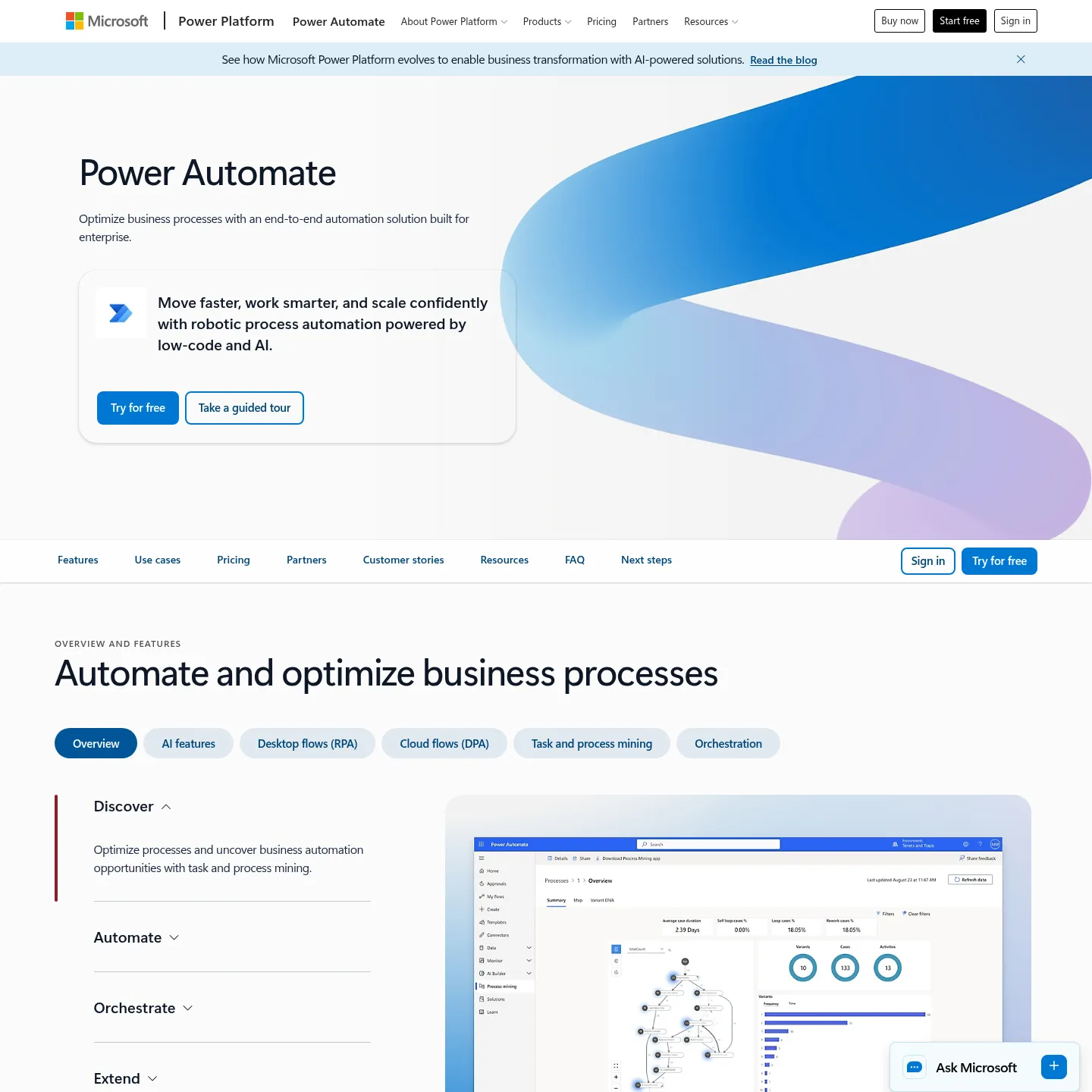 Pagina ufficiale Microsoft di Power Automate dedicata all'automazione cloud e desktop