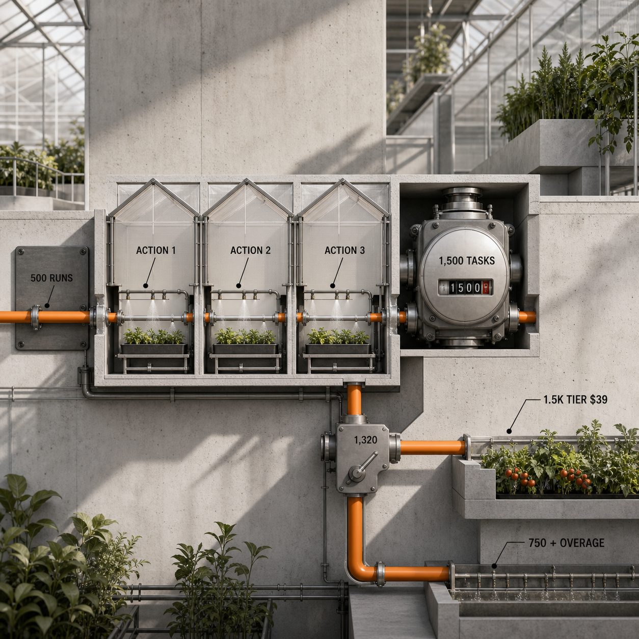 A greenhouse flow showing 500 runs passing through three actions to become 1,500 Zapier tasks, with the tier switch at 1,320 tasks