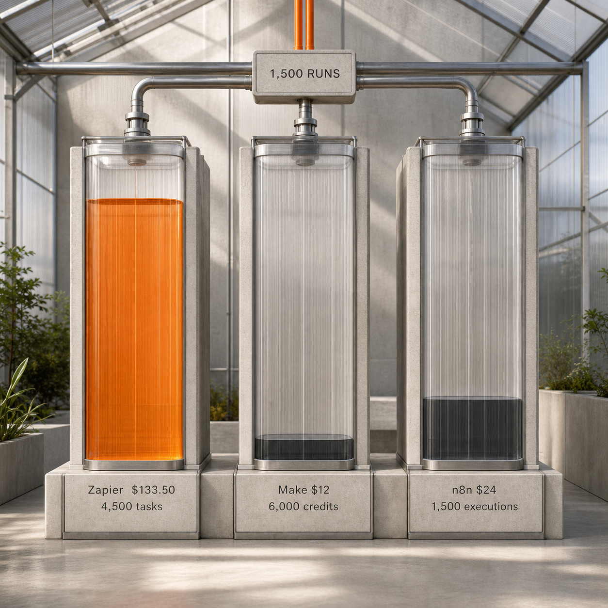 Three greenhouse reservoir columns comparing the monthly cost of 1,500 outcomes on Zapier, Make, and n8n