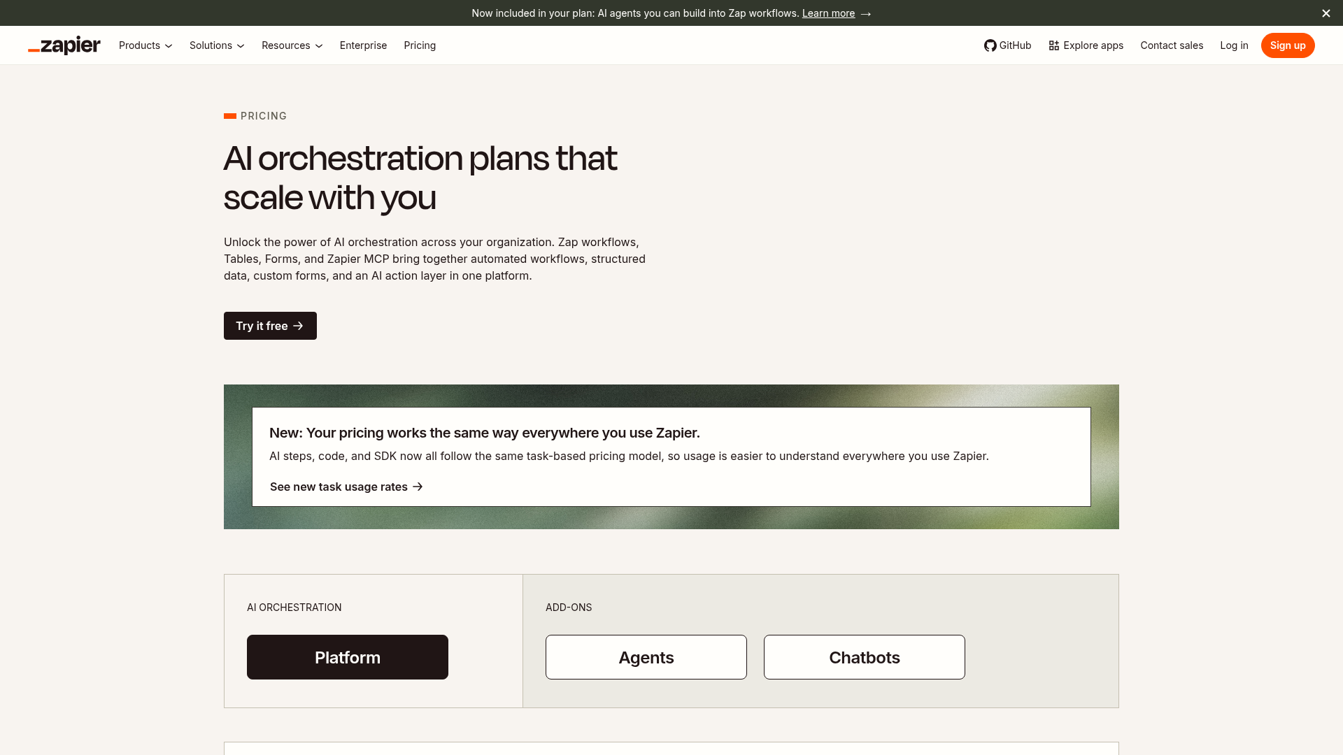 Zapier pricing page showing Free, Professional, Team, and Enterprise plans
