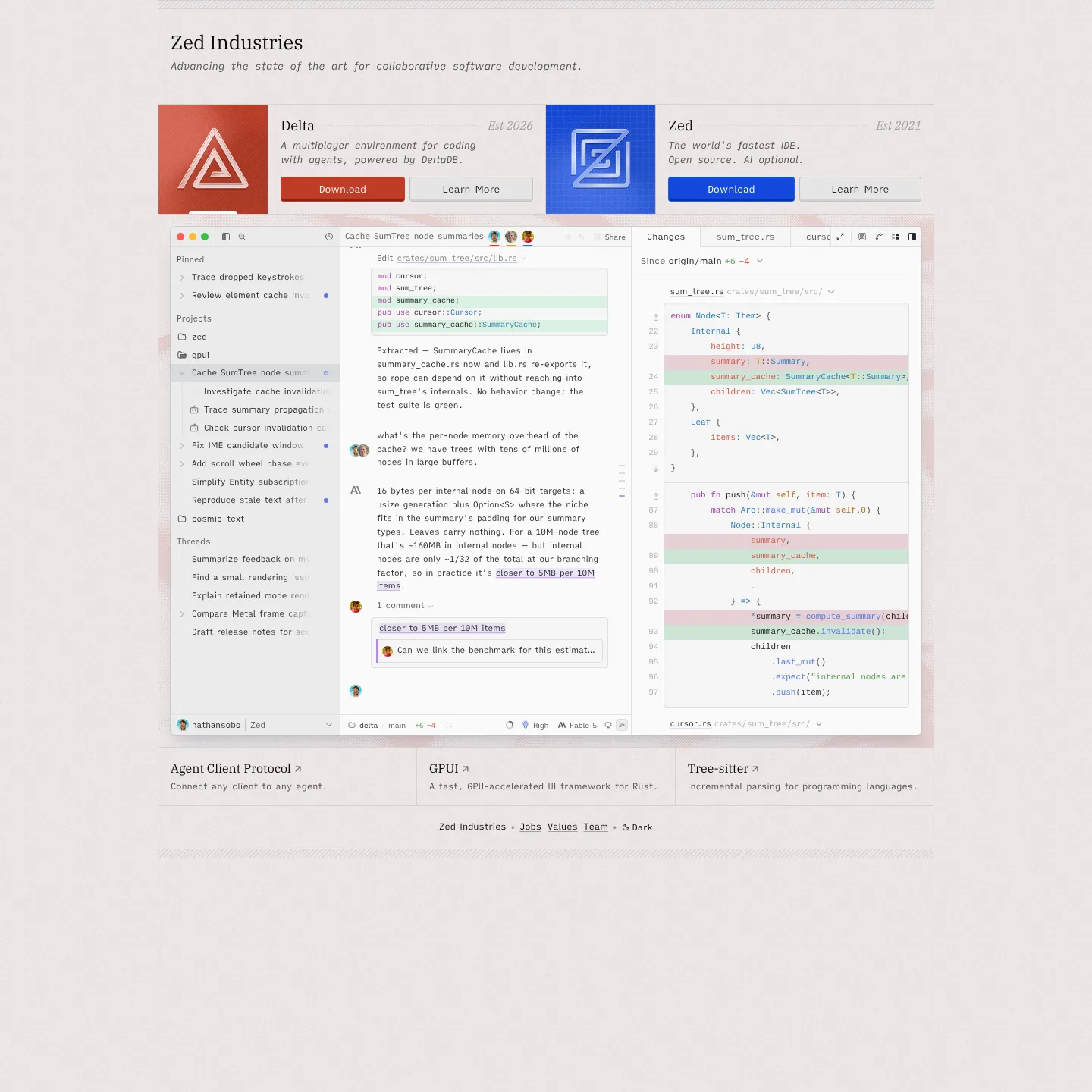 Zed Industries public homepage with its Zed editor offering