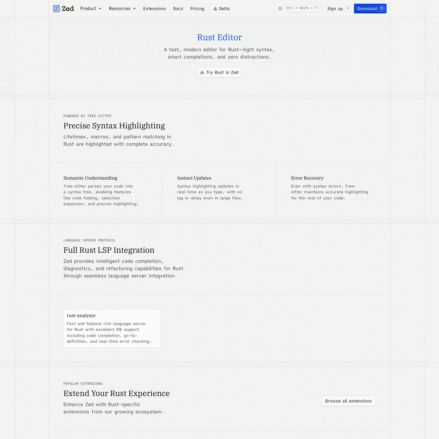 Zed Rust feature page describing large-file editing and language-server integration