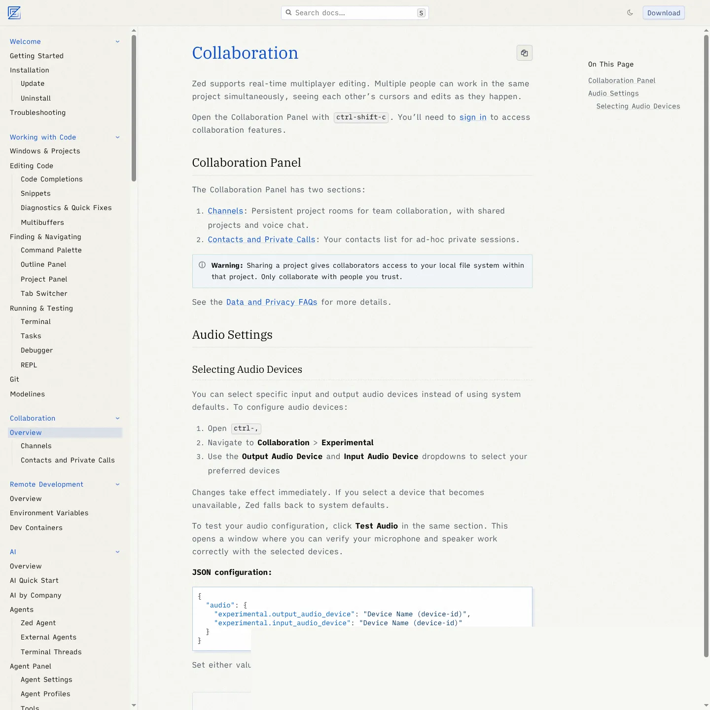 Zed collaboration documentation covering shared editing, channels and private calls