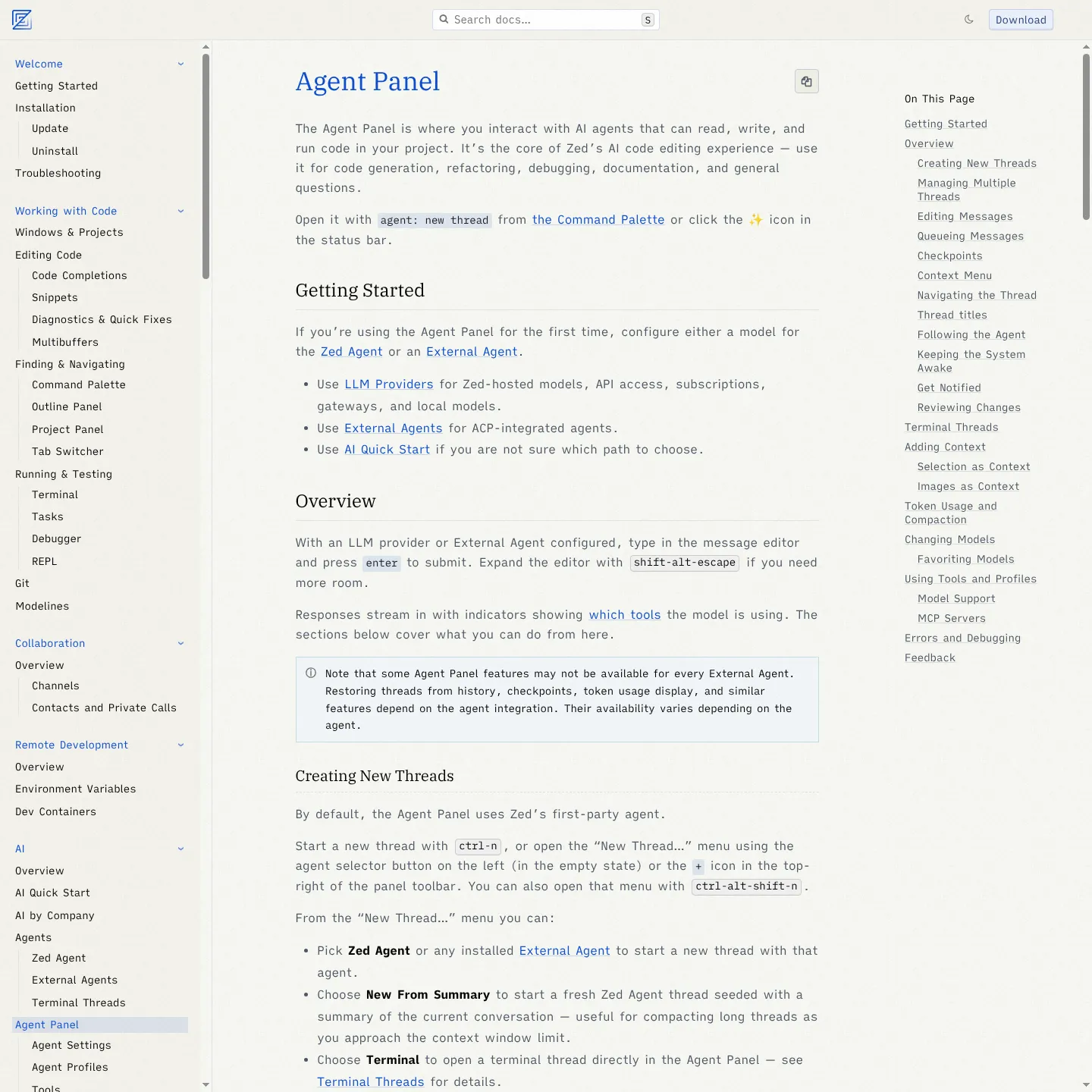 Zed Agent Panel documentation showing context, threads and change review