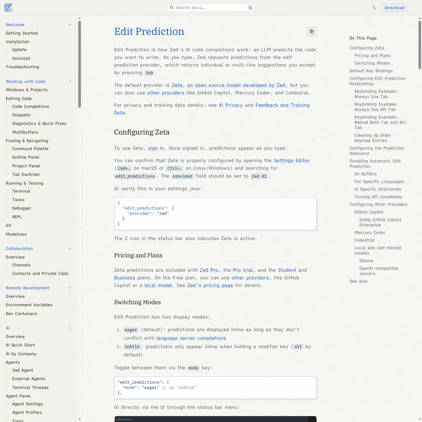Zed edit-prediction documentation showing provider setup and display modes
