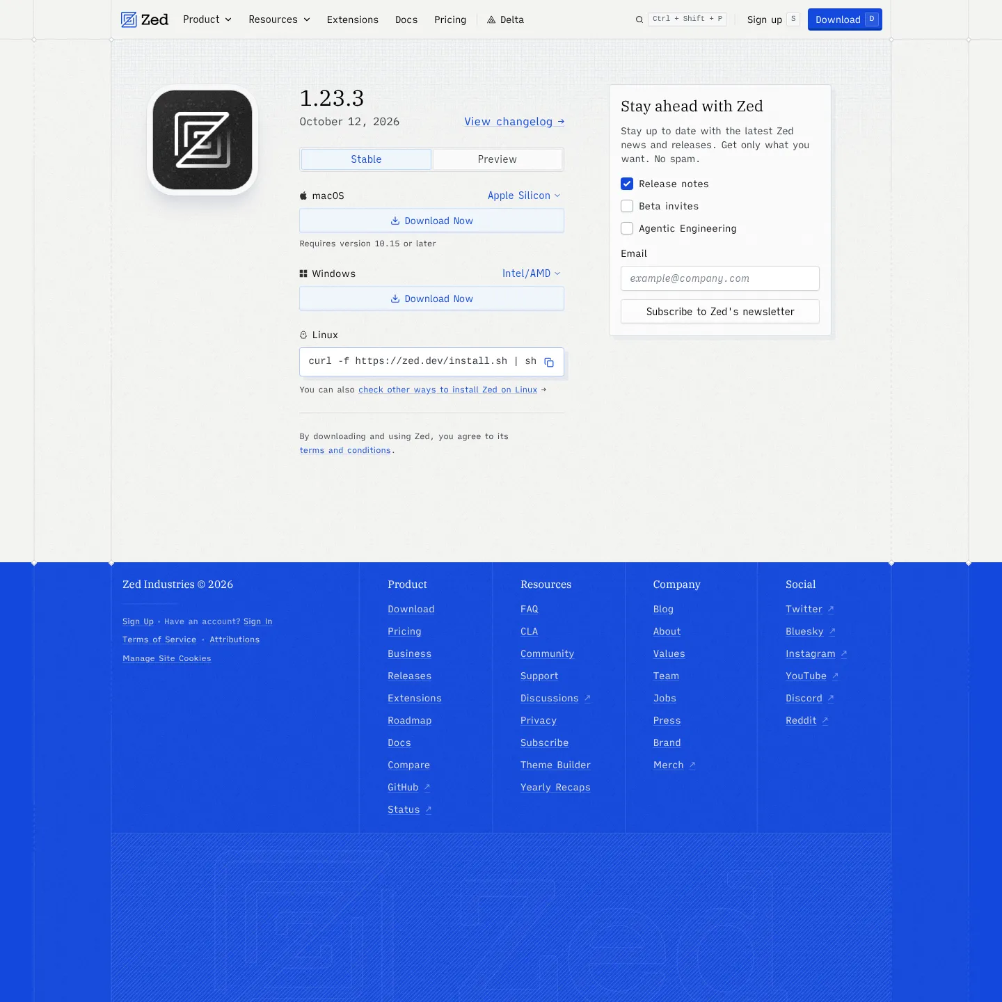 Zed download page offering stable installers for supported operating systems