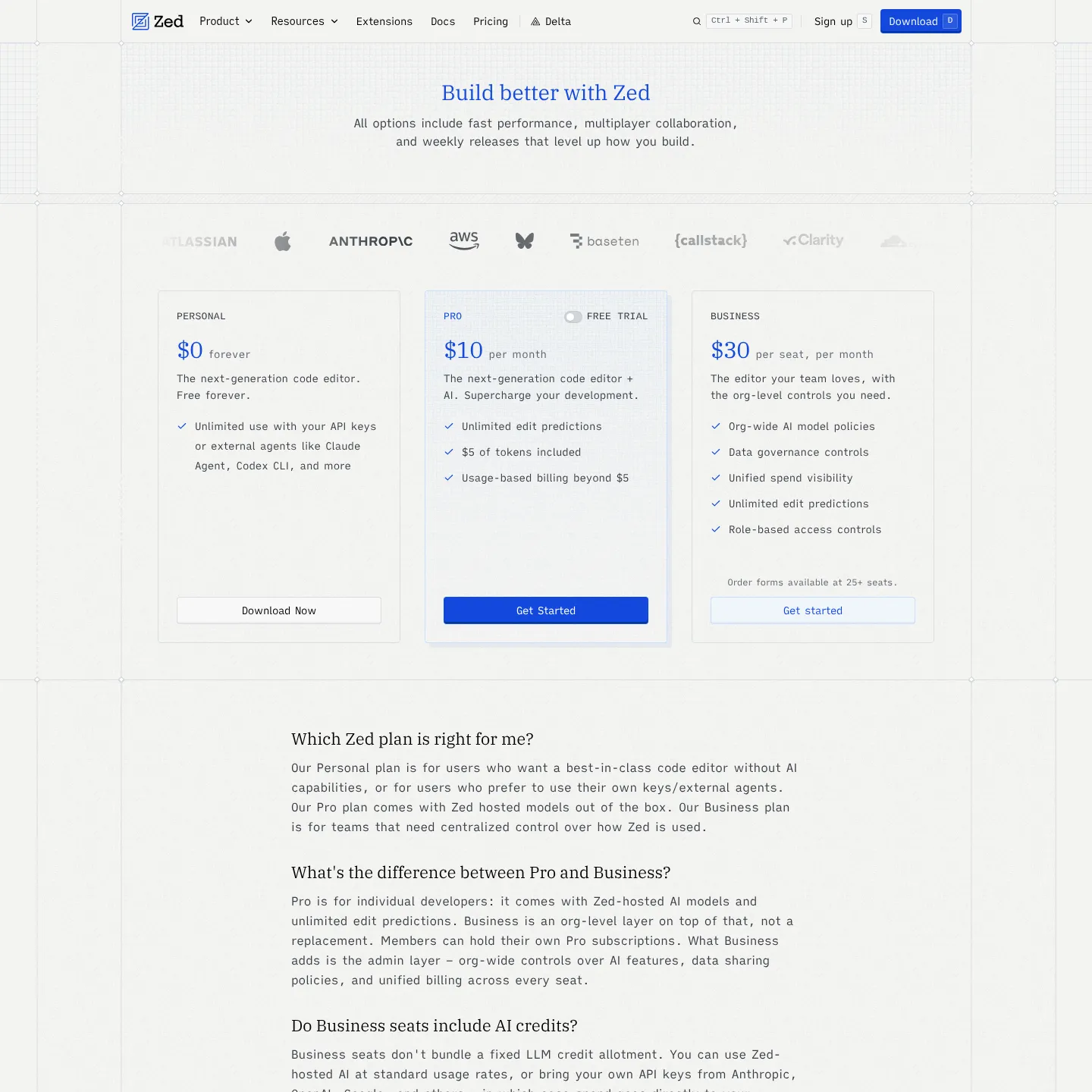 Zed pricing page with Personal, Pro and Business plans