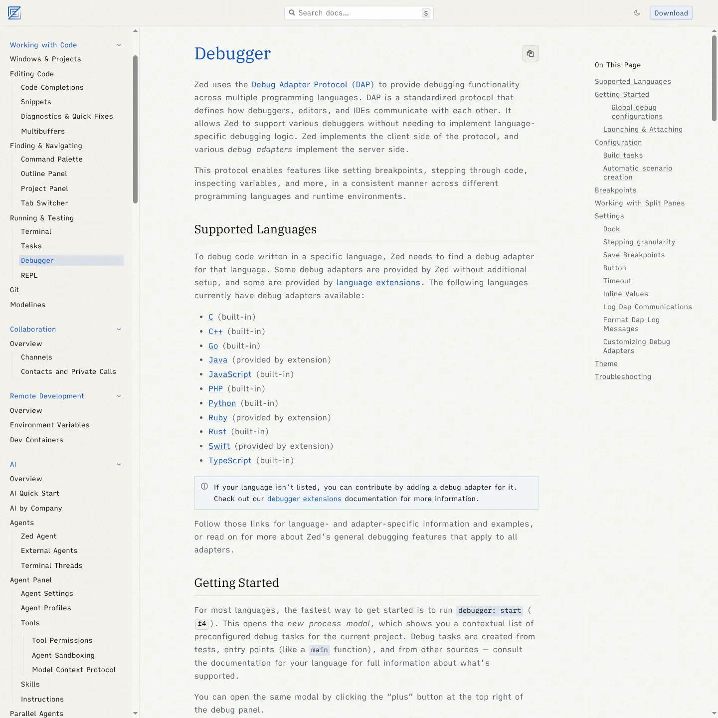 Zed debugger documentation with supported adapters and launch configuration instructions