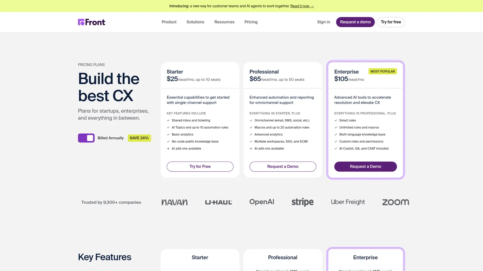 Starter、Professional、EnterpriseとAI追加機能を示すFrontの料金ページ