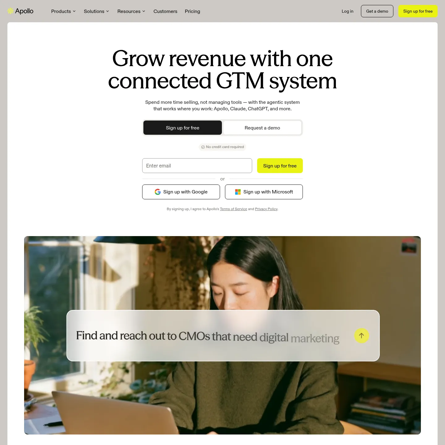 Apollo.io's website showing its prospecting and sales platform