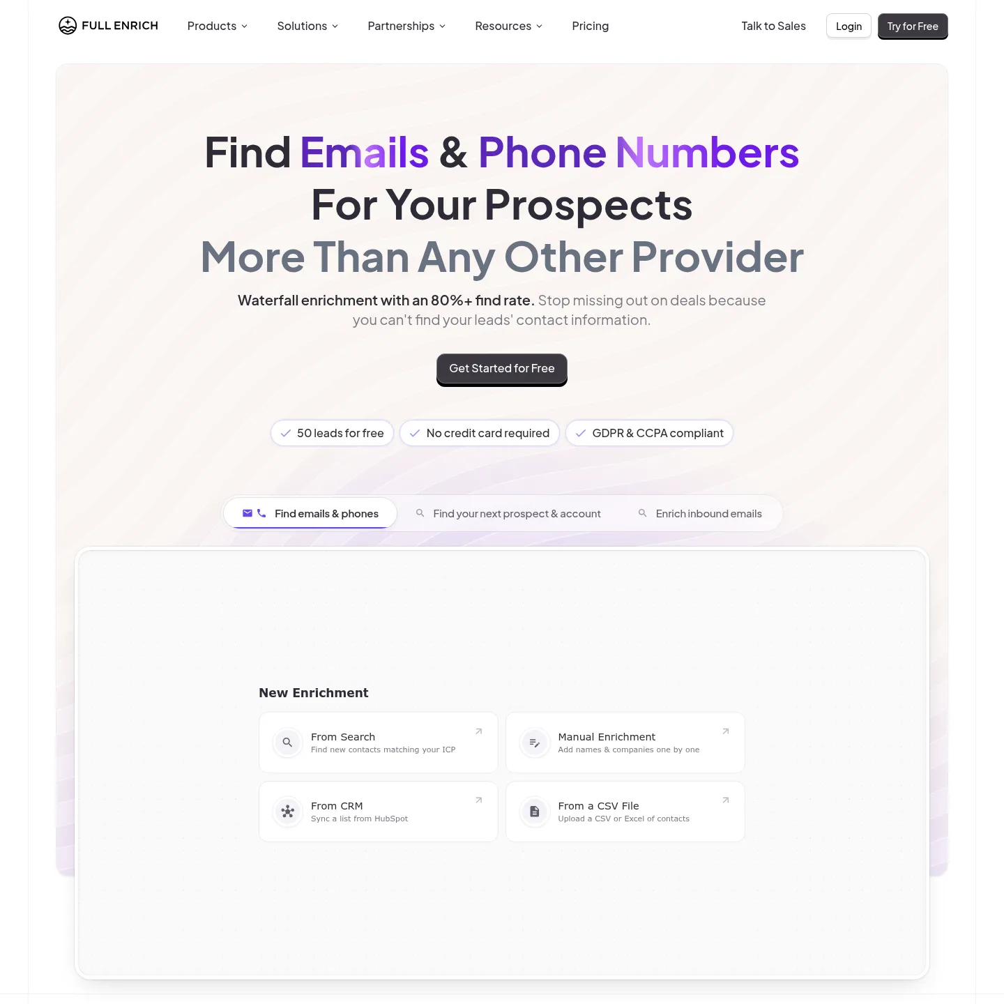 FullEnrich's website showing email and phone enrichment across data sources
