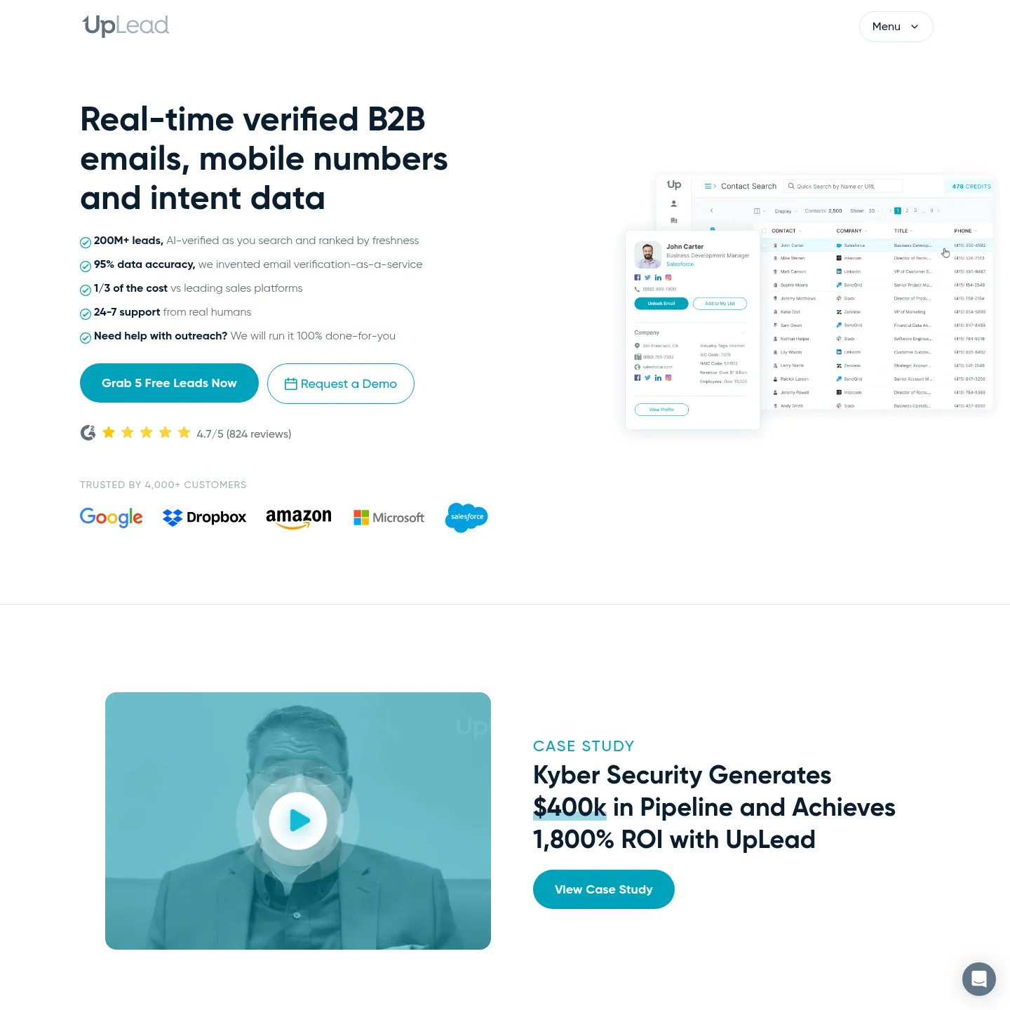 UpLead's website showing its B2B contact search and email verification product